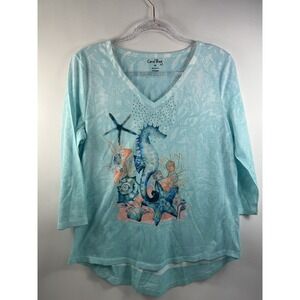 Coral Bay Top Women's Sz M Aqua‎ V-Neck 3/4 Sleeve Seahorse Graphic